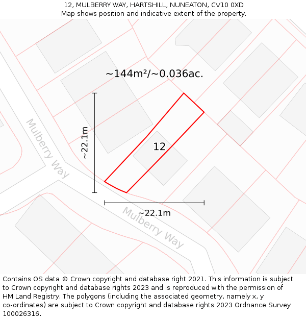 12, MULBERRY WAY, HARTSHILL, NUNEATON, CV10 0XD: Plot and title map