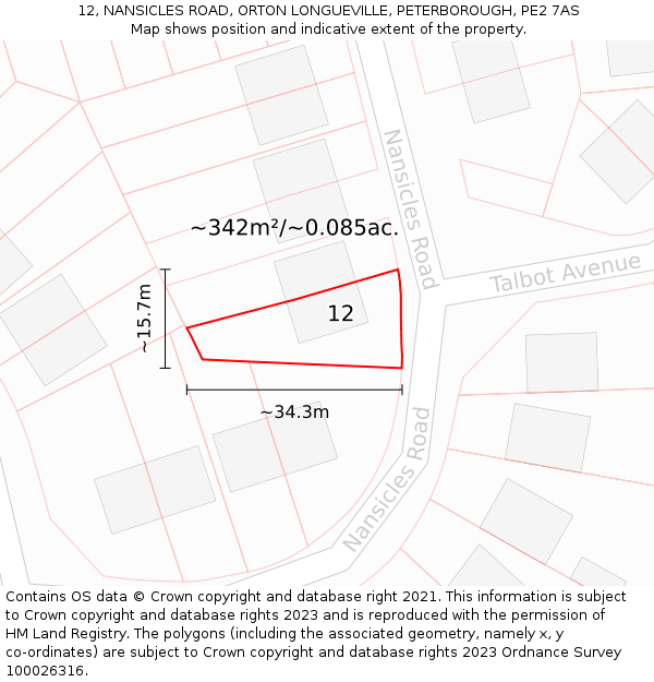 12, NANSICLES ROAD, ORTON LONGUEVILLE, PETERBOROUGH, PE2 7AS: Plot and title map