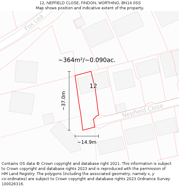 12, NEPFIELD CLOSE, FINDON, WORTHING, BN14 0SS: Plot and title map