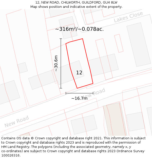 12, NEW ROAD, CHILWORTH, GUILDFORD, GU4 8LW: Plot and title map