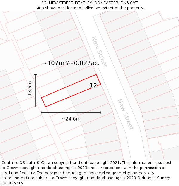 12, NEW STREET, BENTLEY, DONCASTER, DN5 0AZ: Plot and title map