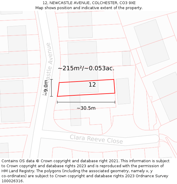 12, NEWCASTLE AVENUE, COLCHESTER, CO3 9XE: Plot and title map