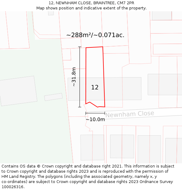 12, NEWNHAM CLOSE, BRAINTREE, CM7 2PR: Plot and title map