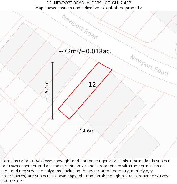 12, NEWPORT ROAD, ALDERSHOT, GU12 4PB: Plot and title map