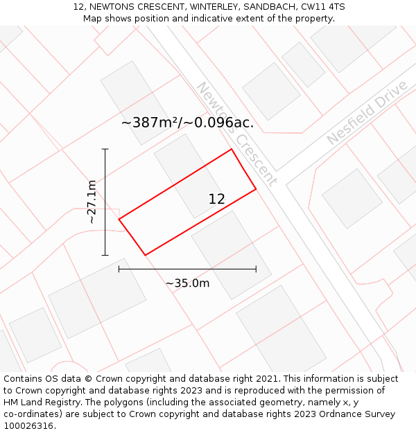 12, NEWTONS CRESCENT, WINTERLEY, SANDBACH, CW11 4TS: Plot and title map