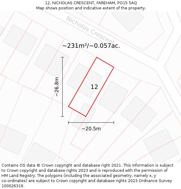 12, NICHOLAS CRESCENT, FAREHAM, PO15 5AQ: Plot and title map