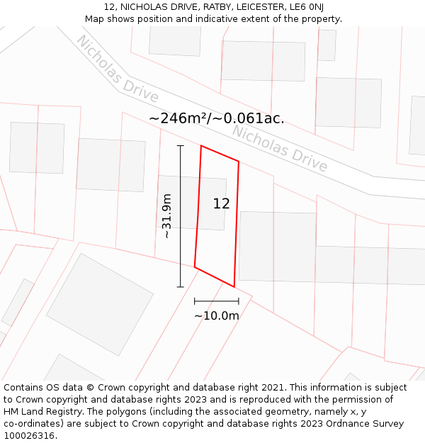 12, NICHOLAS DRIVE, RATBY, LEICESTER, LE6 0NJ: Plot and title map