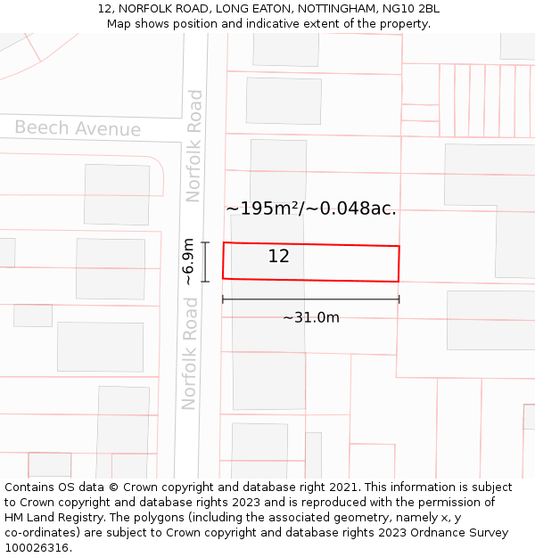 12, NORFOLK ROAD, LONG EATON, NOTTINGHAM, NG10 2BL: Plot and title map