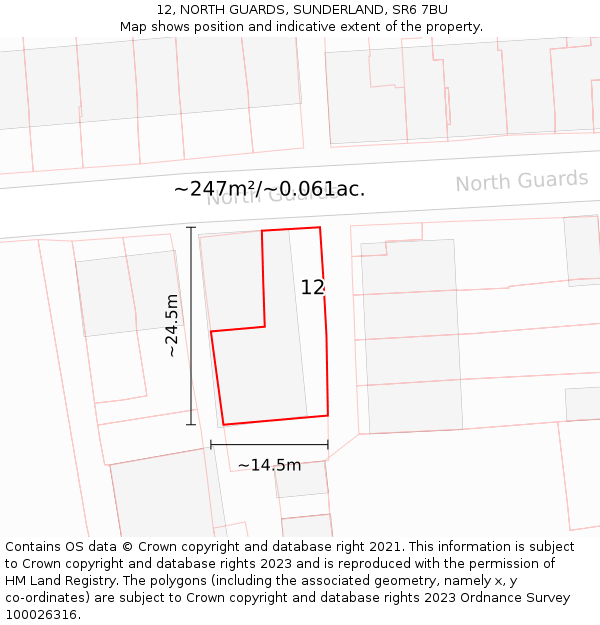 12, NORTH GUARDS, SUNDERLAND, SR6 7BU: Plot and title map
