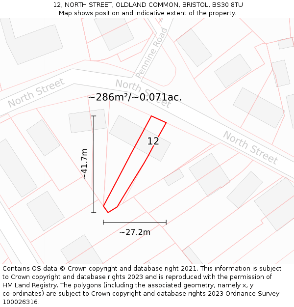 12, NORTH STREET, OLDLAND COMMON, BRISTOL, BS30 8TU: Plot and title map