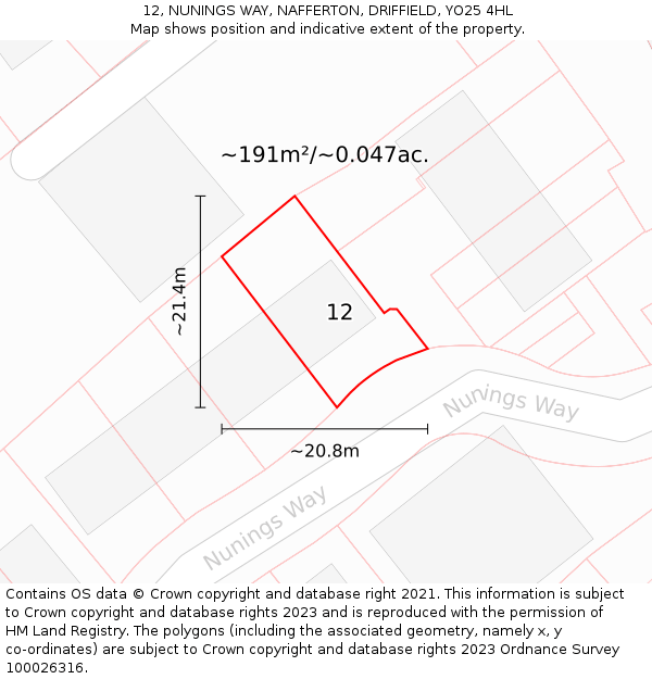 12, NUNINGS WAY, NAFFERTON, DRIFFIELD, YO25 4HL: Plot and title map