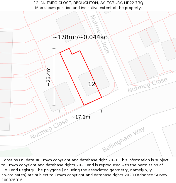 12, NUTMEG CLOSE, BROUGHTON, AYLESBURY, HP22 7BQ: Plot and title map