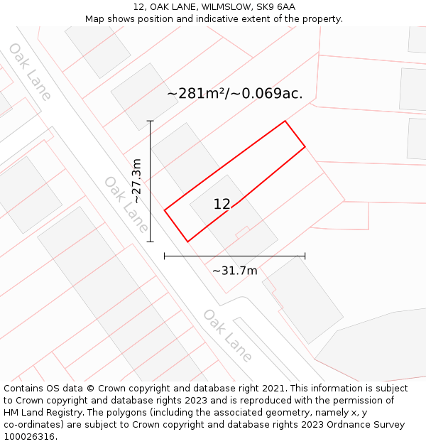 12, OAK LANE, WILMSLOW, SK9 6AA: Plot and title map