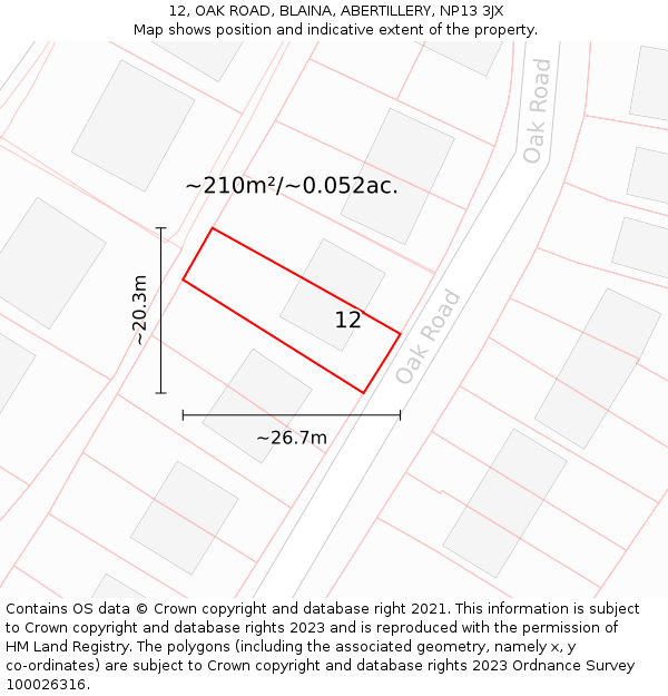 12, OAK ROAD, BLAINA, ABERTILLERY, NP13 3JX: Plot and title map