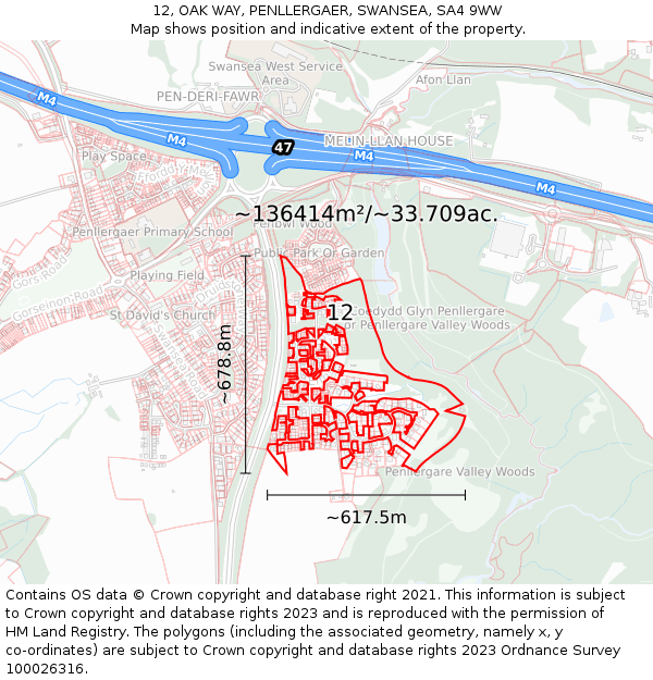 12, OAK WAY, PENLLERGAER, SWANSEA, SA4 9WW: Plot and title map