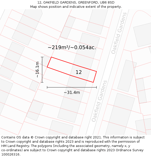 12, OAKFIELD GARDENS, GREENFORD, UB6 8SD: Plot and title map