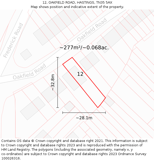 12, OAKFIELD ROAD, HASTINGS, TN35 5AX: Plot and title map