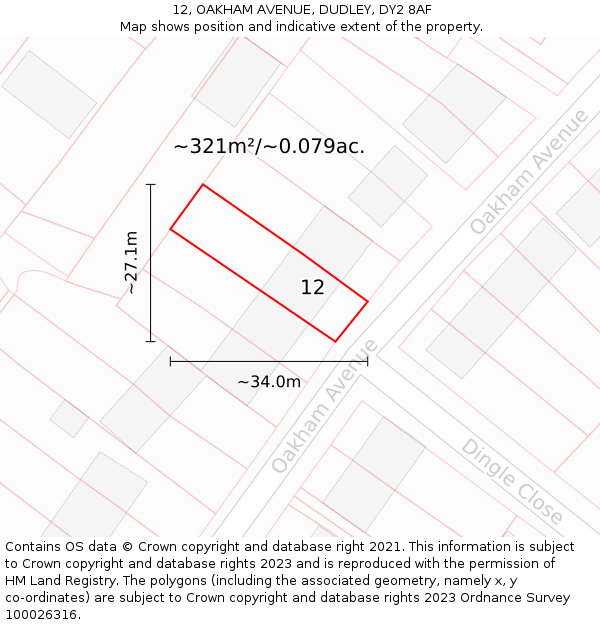 12, OAKHAM AVENUE, DUDLEY, DY2 8AF: Plot and title map