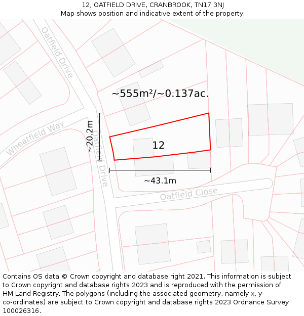 12, OATFIELD DRIVE, CRANBROOK, TN17 3NJ: Plot and title map