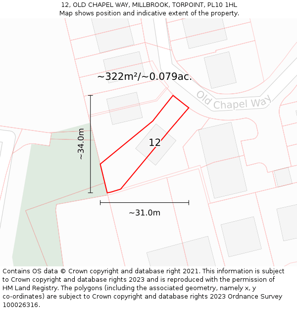 12, OLD CHAPEL WAY, MILLBROOK, TORPOINT, PL10 1HL: Plot and title map