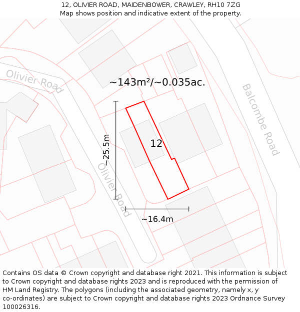 12, OLIVIER ROAD, MAIDENBOWER, CRAWLEY, RH10 7ZG: Plot and title map