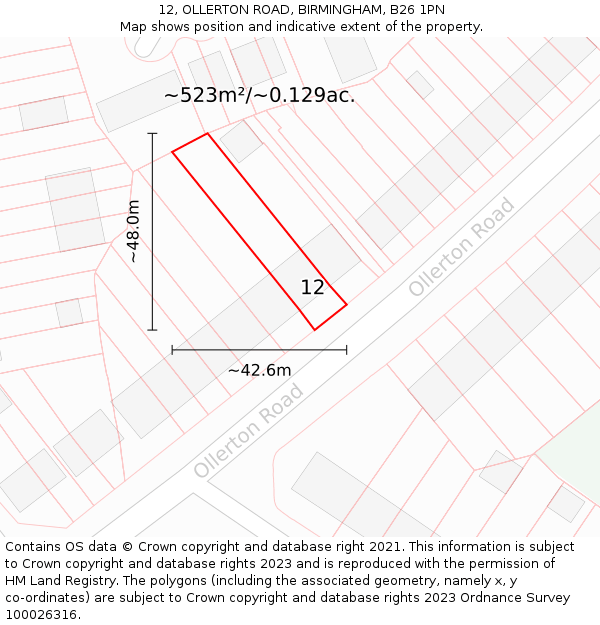 12, OLLERTON ROAD, BIRMINGHAM, B26 1PN: Plot and title map