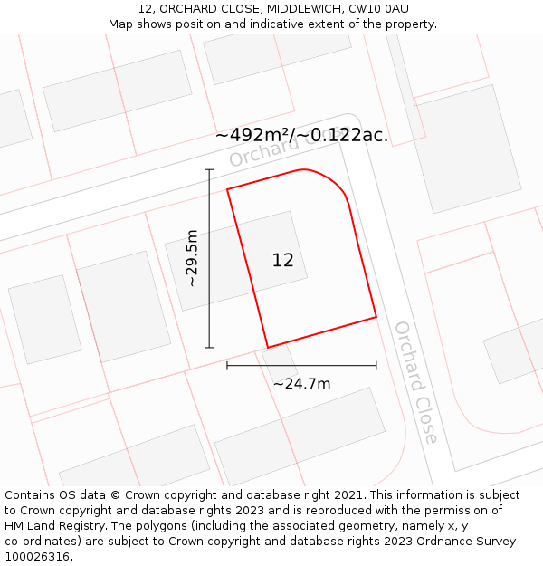 12, ORCHARD CLOSE, MIDDLEWICH, CW10 0AU: Plot and title map