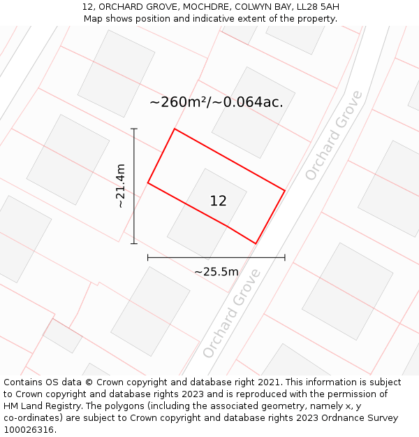 12, ORCHARD GROVE, MOCHDRE, COLWYN BAY, LL28 5AH: Plot and title map