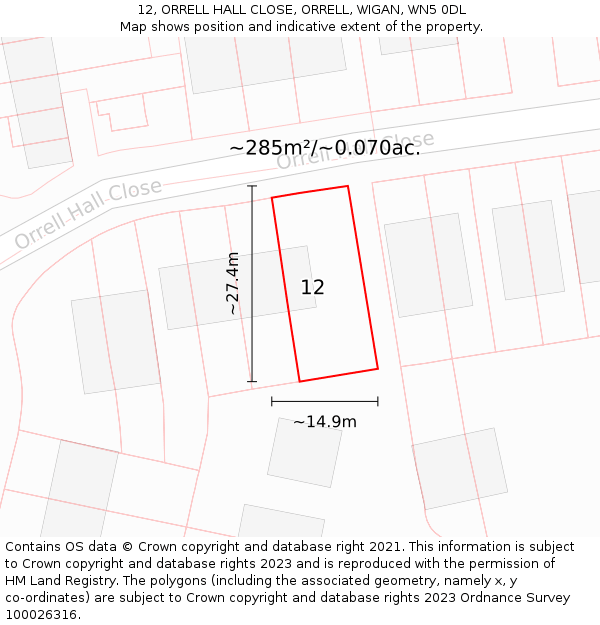 12, ORRELL HALL CLOSE, ORRELL, WIGAN, WN5 0DL: Plot and title map