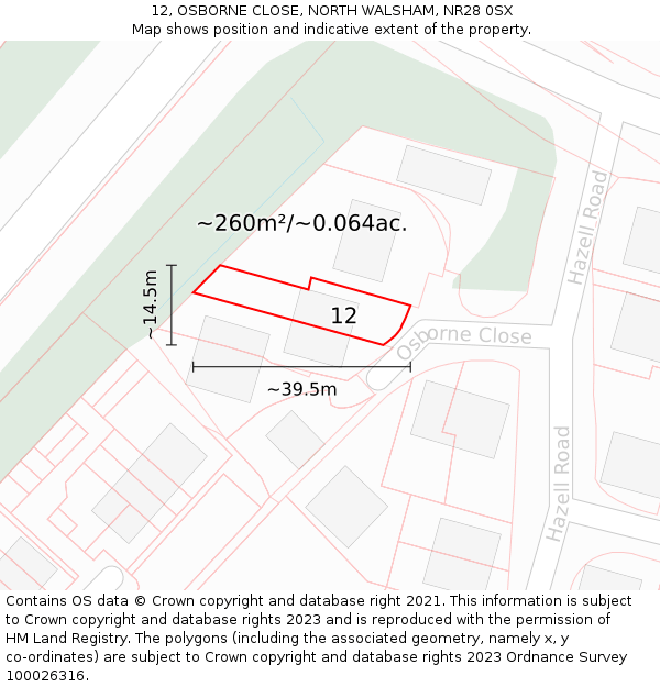 12, OSBORNE CLOSE, NORTH WALSHAM, NR28 0SX: Plot and title map