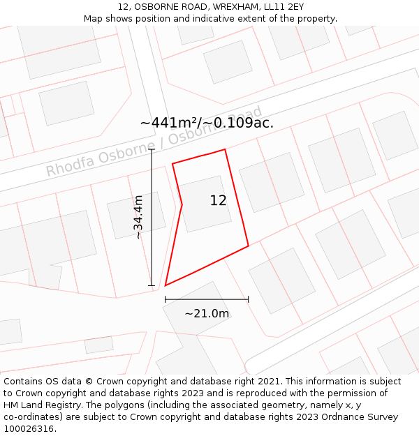 12, OSBORNE ROAD, WREXHAM, LL11 2EY: Plot and title map