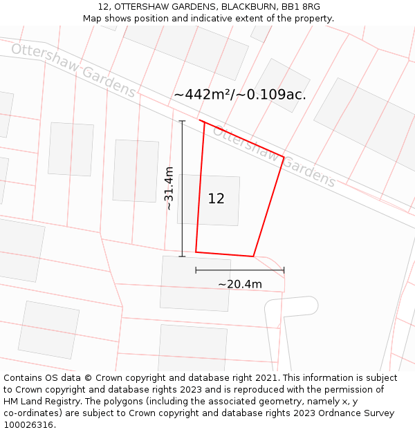 12, OTTERSHAW GARDENS, BLACKBURN, BB1 8RG: Plot and title map