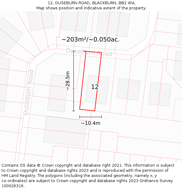 12, OUSEBURN ROAD, BLACKBURN, BB2 4NL: Plot and title map