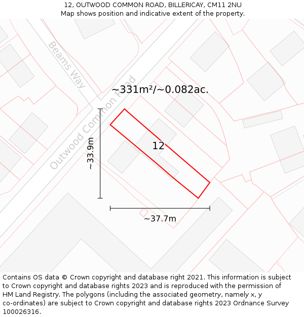 12, OUTWOOD COMMON ROAD, BILLERICAY, CM11 2NU: Plot and title map