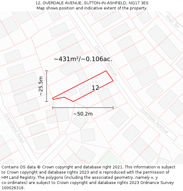 12, OVERDALE AVENUE, SUTTON-IN-ASHFIELD, NG17 3ES: Plot and title map