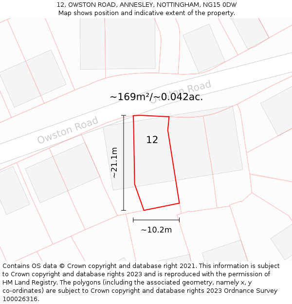 12, OWSTON ROAD, ANNESLEY, NOTTINGHAM, NG15 0DW: Plot and title map