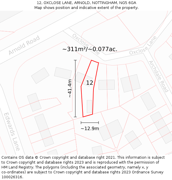 12, OXCLOSE LANE, ARNOLD, NOTTINGHAM, NG5 6GA: Plot and title map