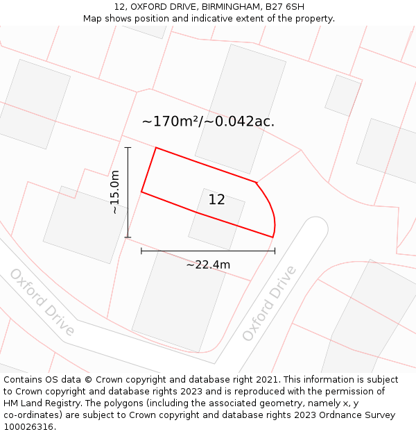 12, OXFORD DRIVE, BIRMINGHAM, B27 6SH: Plot and title map