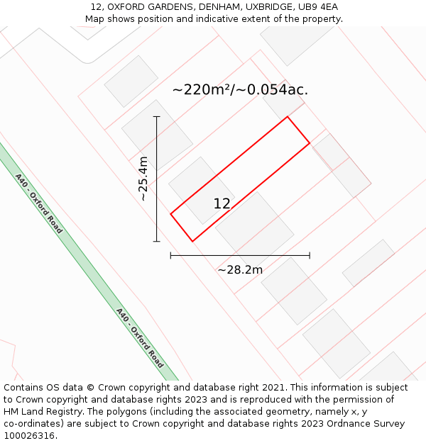 12, OXFORD GARDENS, DENHAM, UXBRIDGE, UB9 4EA: Plot and title map