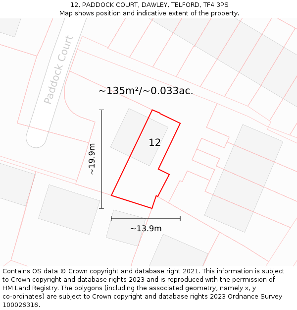 12, PADDOCK COURT, DAWLEY, TELFORD, TF4 3PS: Plot and title map