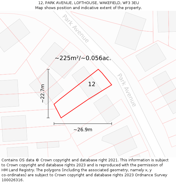 12, PARK AVENUE, LOFTHOUSE, WAKEFIELD, WF3 3EU: Plot and title map