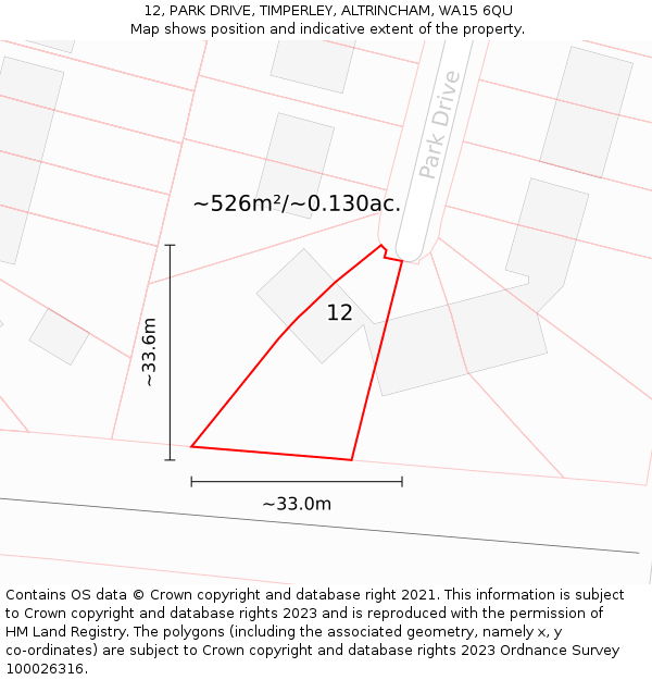 12, PARK DRIVE, TIMPERLEY, ALTRINCHAM, WA15 6QU: Plot and title map