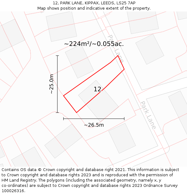 12, PARK LANE, KIPPAX, LEEDS, LS25 7AP: Plot and title map