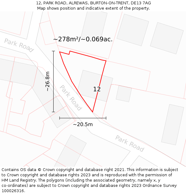 12, PARK ROAD, ALREWAS, BURTON-ON-TRENT, DE13 7AG: Plot and title map