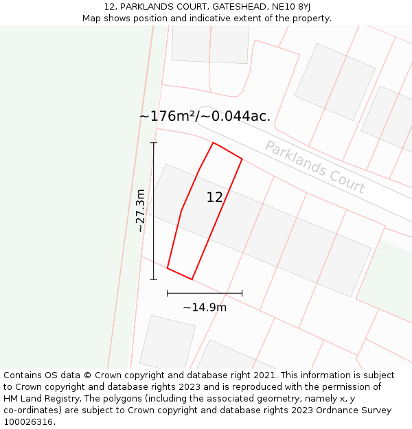 12, PARKLANDS COURT, GATESHEAD, NE10 8YJ: Plot and title map