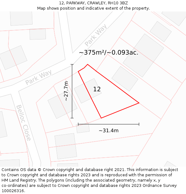 12, PARKWAY, CRAWLEY, RH10 3BZ: Plot and title map