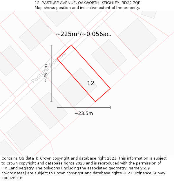 12, PASTURE AVENUE, OAKWORTH, KEIGHLEY, BD22 7QF: Plot and title map