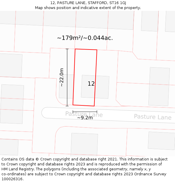 12, PASTURE LANE, STAFFORD, ST16 1GJ: Plot and title map