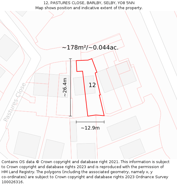 12, PASTURES CLOSE, BARLBY, SELBY, YO8 5NN: Plot and title map