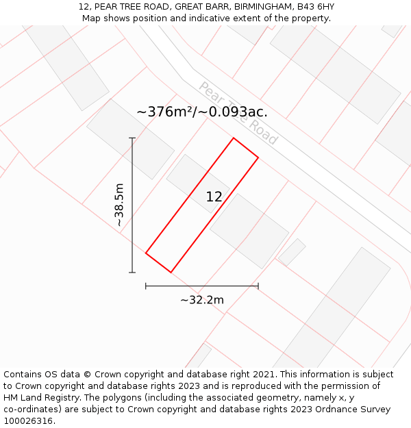 12, PEAR TREE ROAD, GREAT BARR, BIRMINGHAM, B43 6HY: Plot and title map